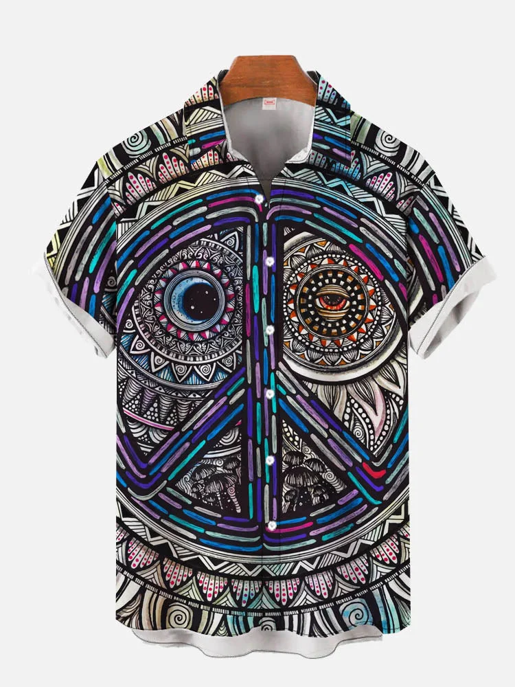 Mandala Inspires Peace Grey Fashion Vintage Men's Print Short Sleeve Shirt