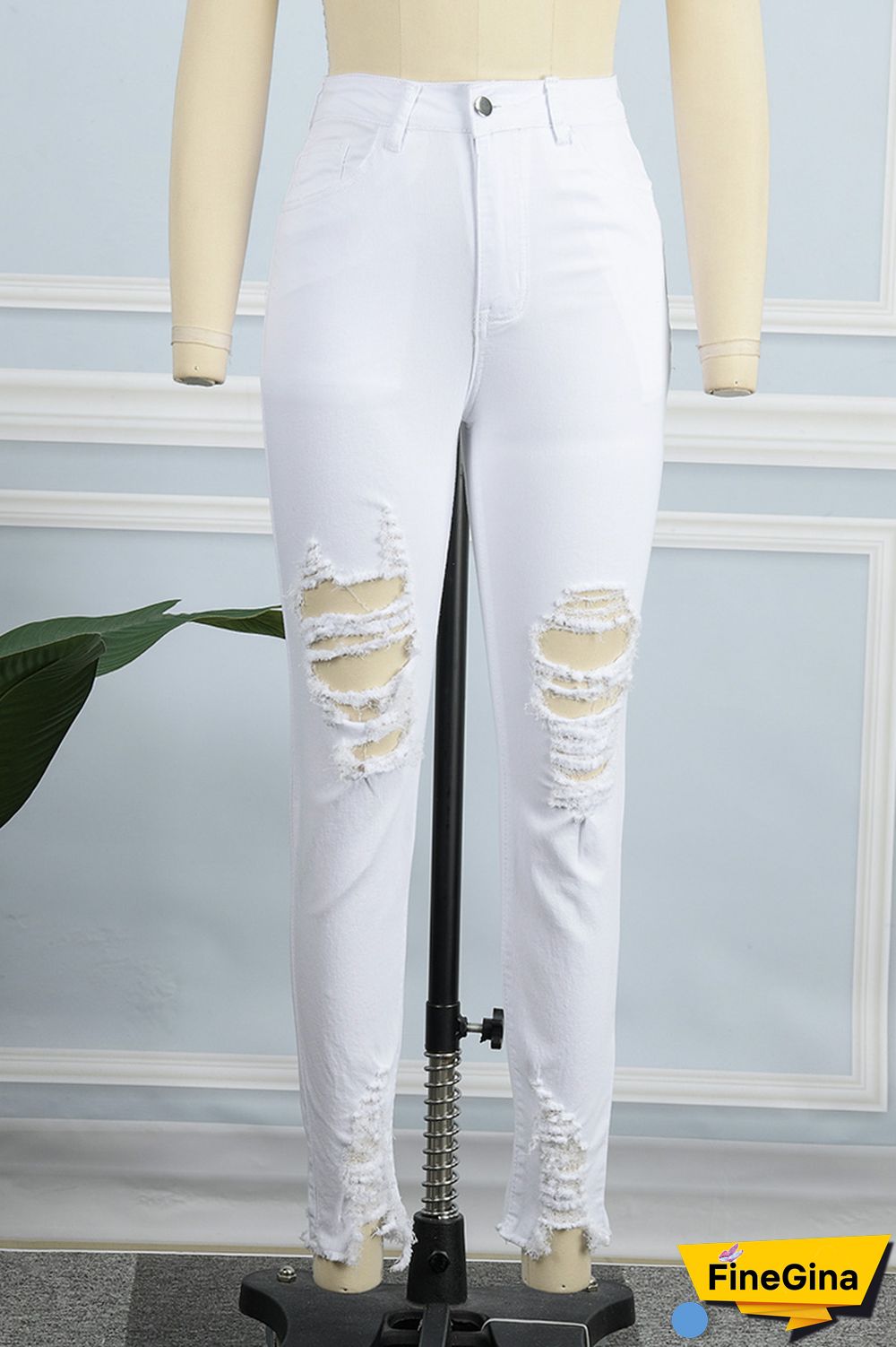White Casual Solid Ripped Patchwork High Waist Skinny Denim Jeans