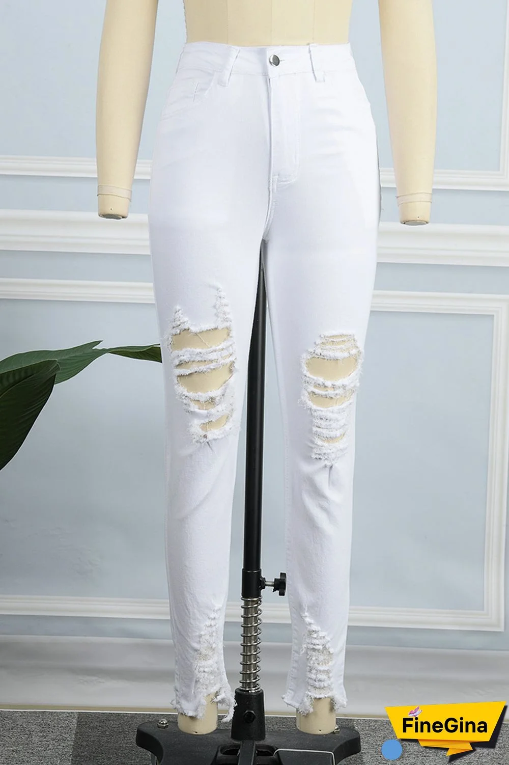 White Casual Solid Ripped Patchwork High Waist Skinny Denim Jeans