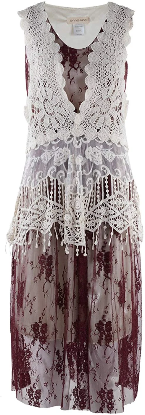 Womens Vintage Lace Gatsby 1920s Cocktail Dress with Crochet Vest