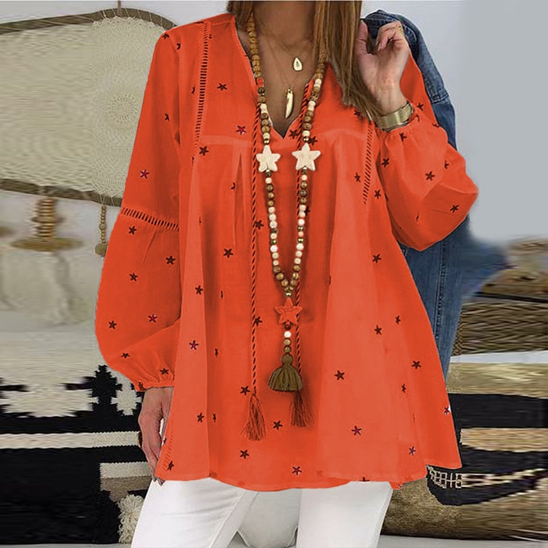 Women White Casual Lantern Long Sleeve Hollow Pentagram Printed Blouse Shirt