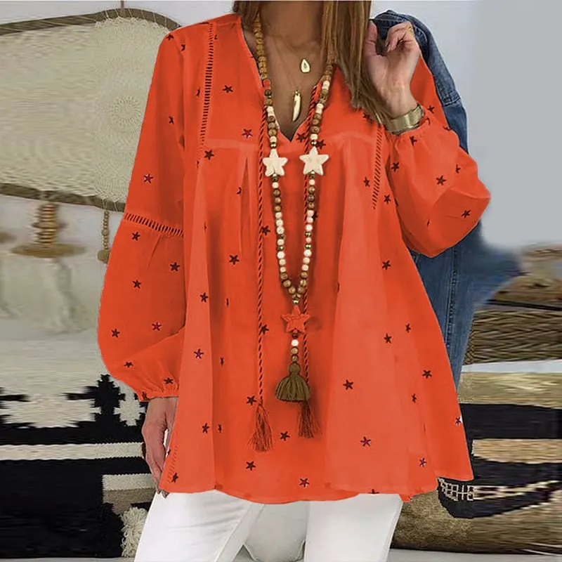 Women White Casual Lantern Long Sleeve Hollow Pentagram Printed Blouse Shirt