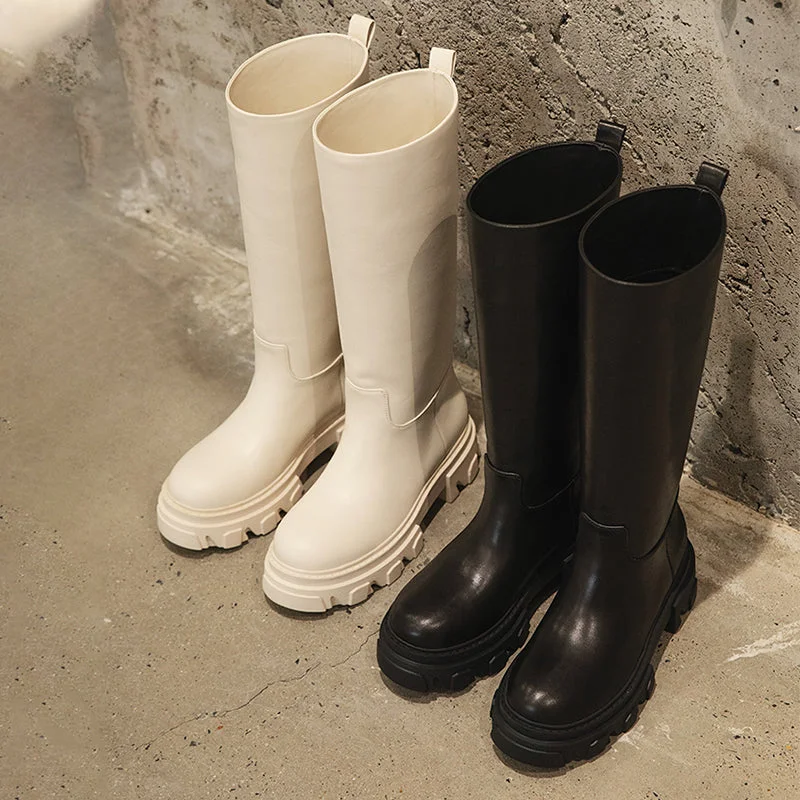 Riding Boots for Women in Black/White/Grey Leather - Chunky Sole Tall Boots Platform Boots