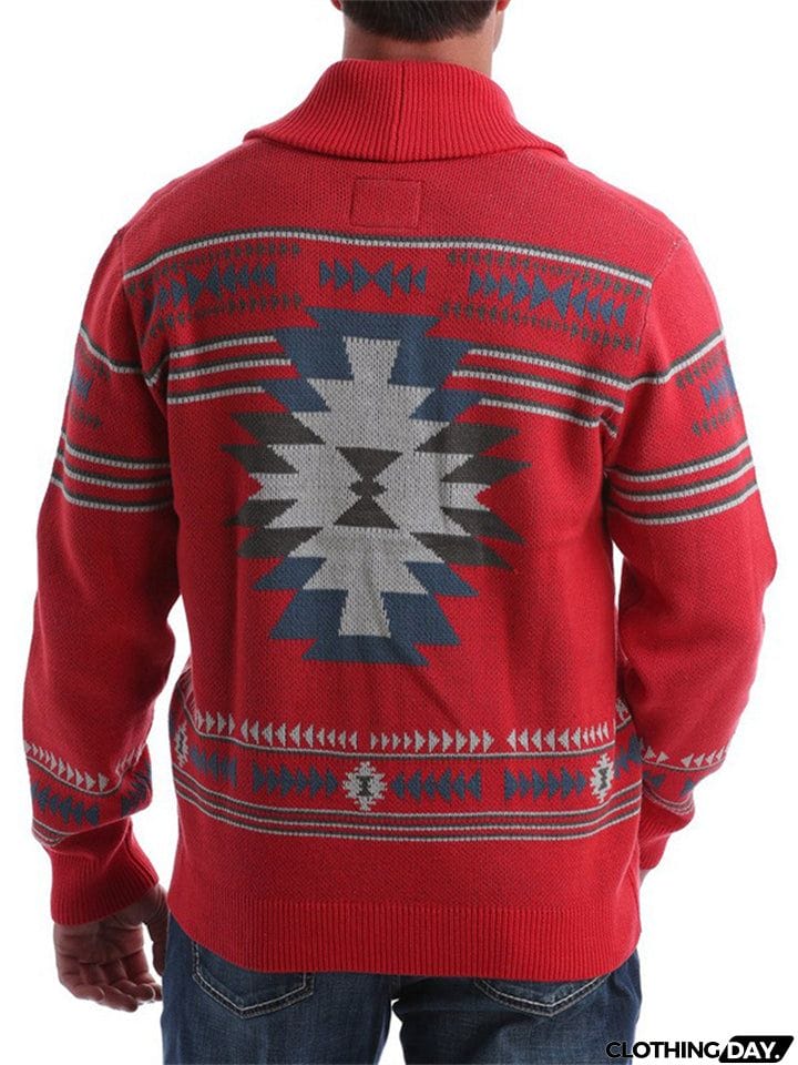 Stylish Red Charming Jacquard Lapel Sweater Men's T-shirts