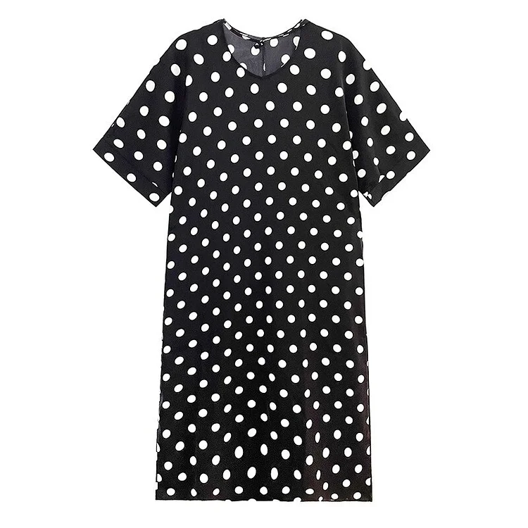 French V-neck Polka Dots Lace-up Back Split Hem Half Sleeve Dress