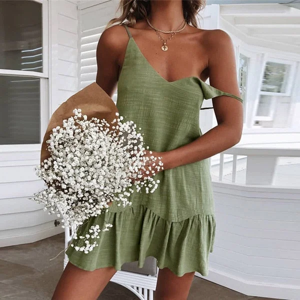 Sexy Spaghetti Strap Ruffle Dress Women Summer Dress Cotton Linen Vestidos Green Dresses Off Shoulder Sexy Mini Sundress