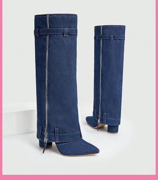 VCSHOES Pants Long Cowgirls Cowboy Boots Fold Knee High Heel Boots Mujer Oversize Denim Stilettos Shoes For Women