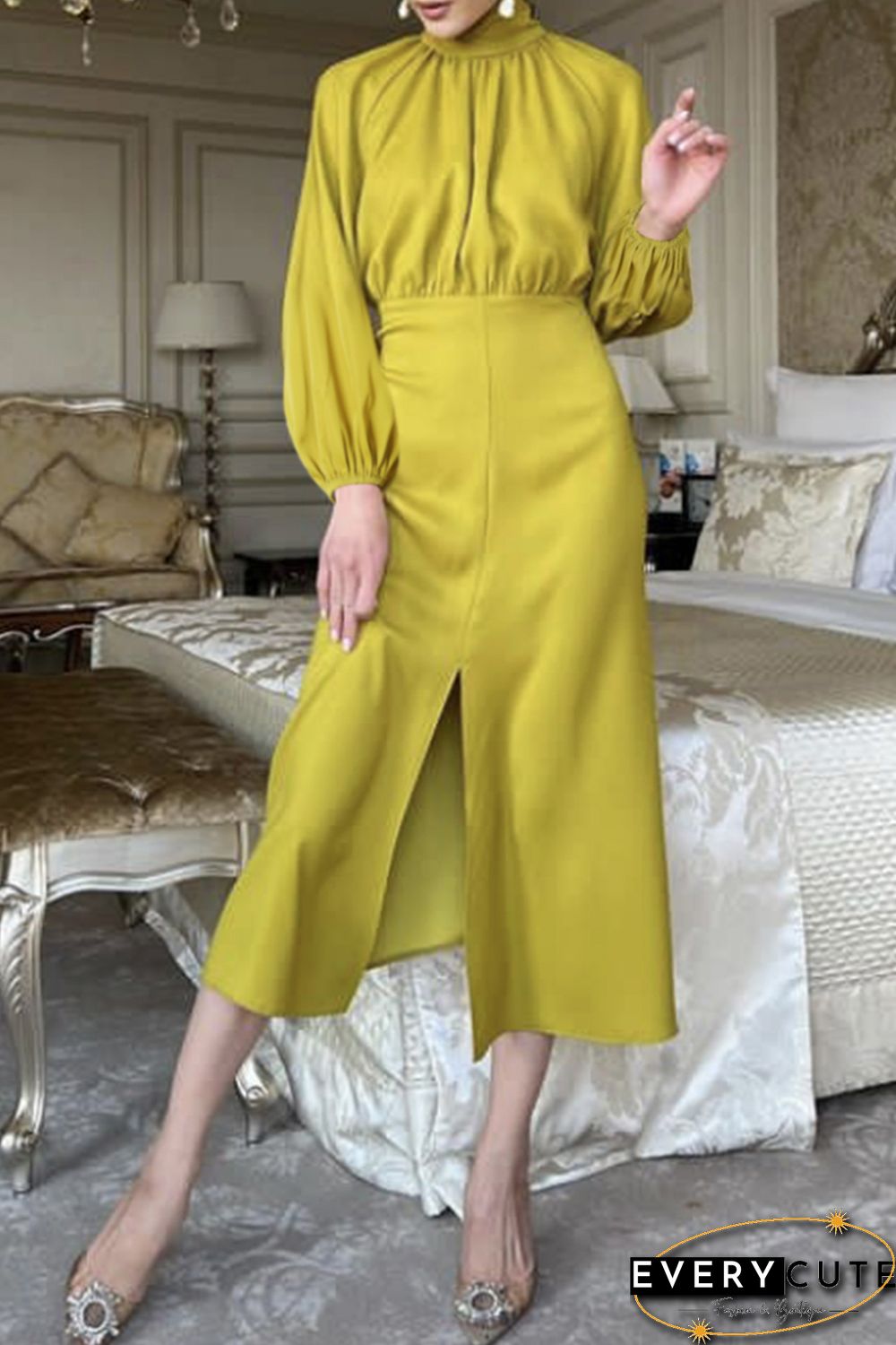 Yellow Ribbon Tie Back Long Puff Sleeve Slit Midi Dress