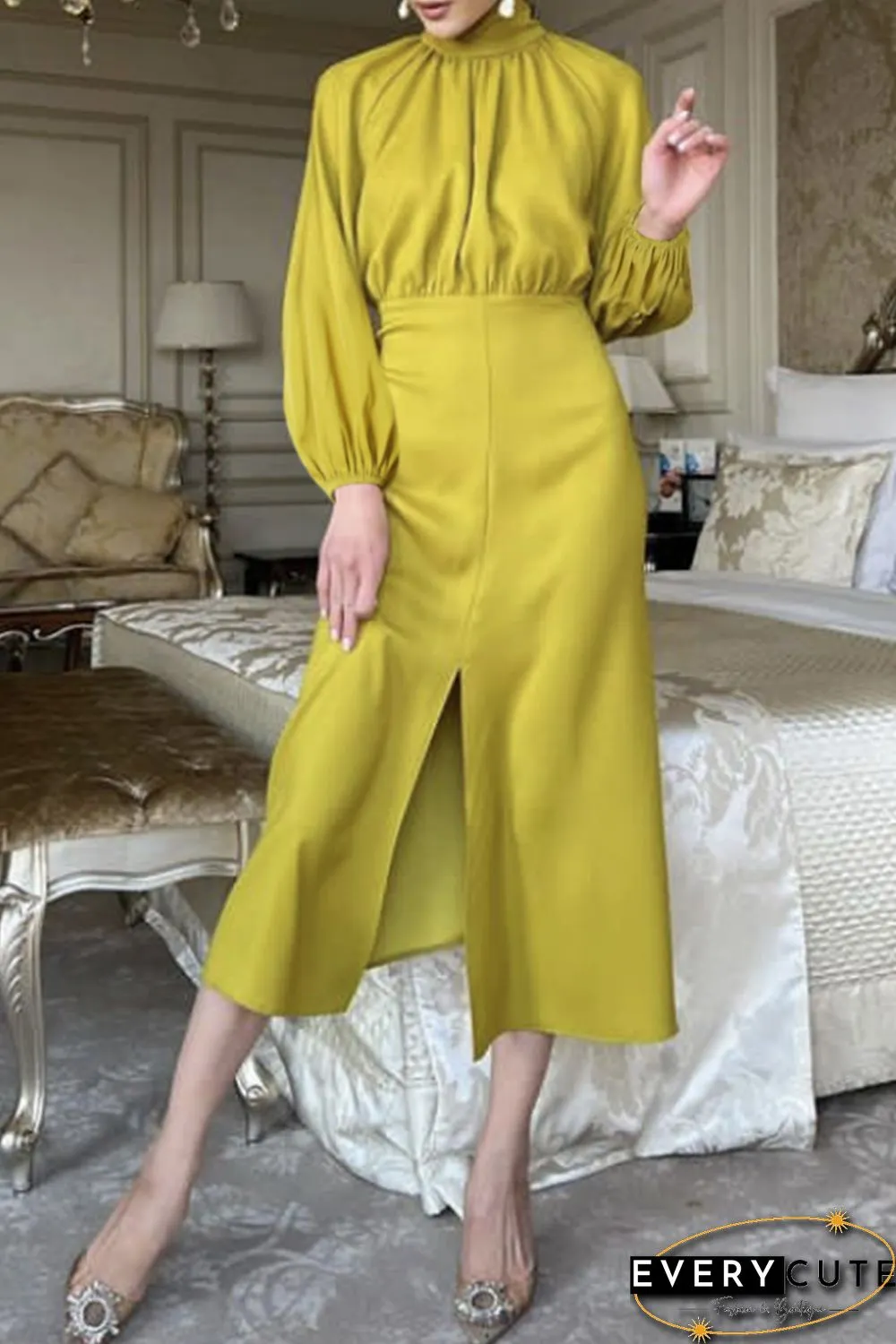 Yellow Ribbon Tie Back Long Puff Sleeve Slit Midi Dress