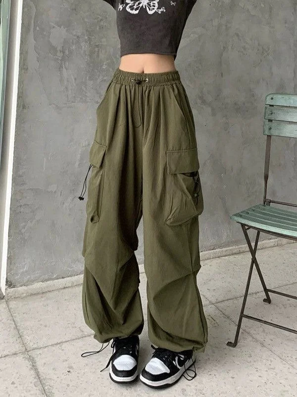 Brownm Y2K Baggy Parachute Cargo Pants with Drawstring