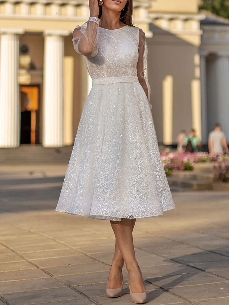 White Elegant Plain Sequin Long Sleeve A-Line Midi Tunic Dress