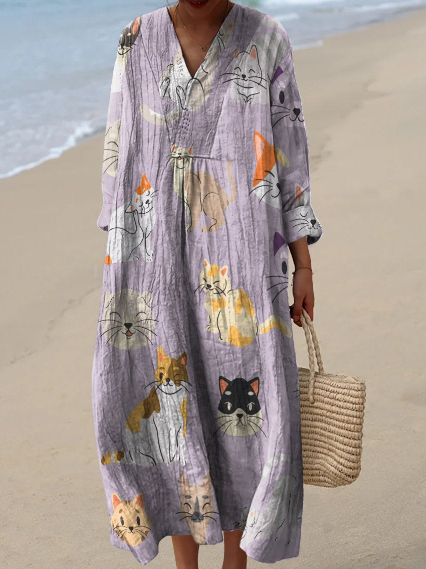 Warm and Cute Cats Decorative Pattern Flowy Dress