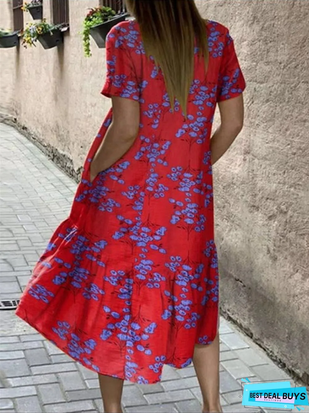 Flower Print Short Sleeve Plus Size Dress