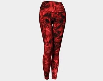 Pornhint Leggings Tights Red Yoga Pants, Red Leggings Red Flame Skull Art - Dawn Mercer Designer Wear