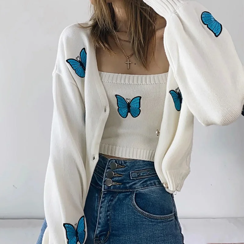 Women's Cardigan Sweaters Cropped Jackets Knitted Coats Femme Puff Sleeves Knit Tops Two Piece Knitwear Bow Cute Chic Crop Tops