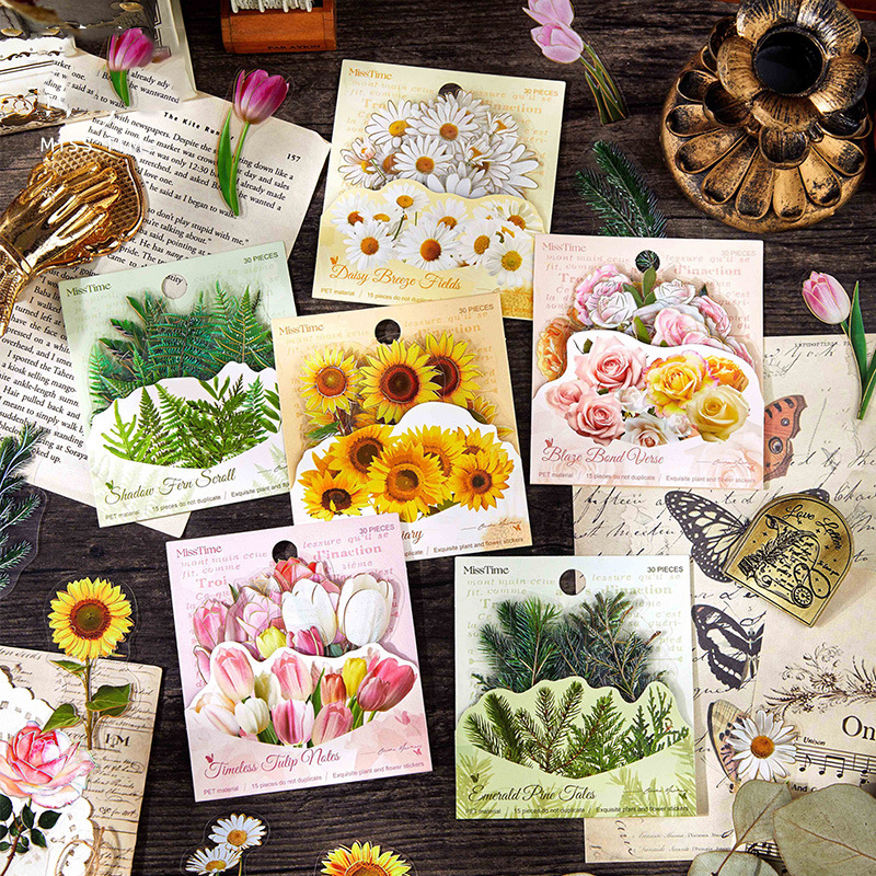 PET 스티커 - 식물 시 노트 시리즈 빈티지 식물 꽃 브론징