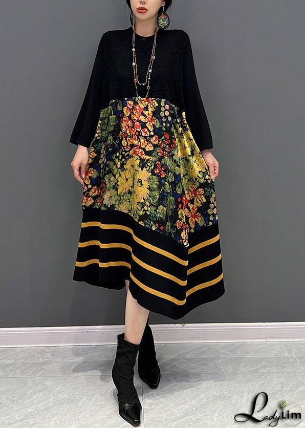 DIY Black O-Neck Print Striped Patchwork Knit Long Dresses Fall