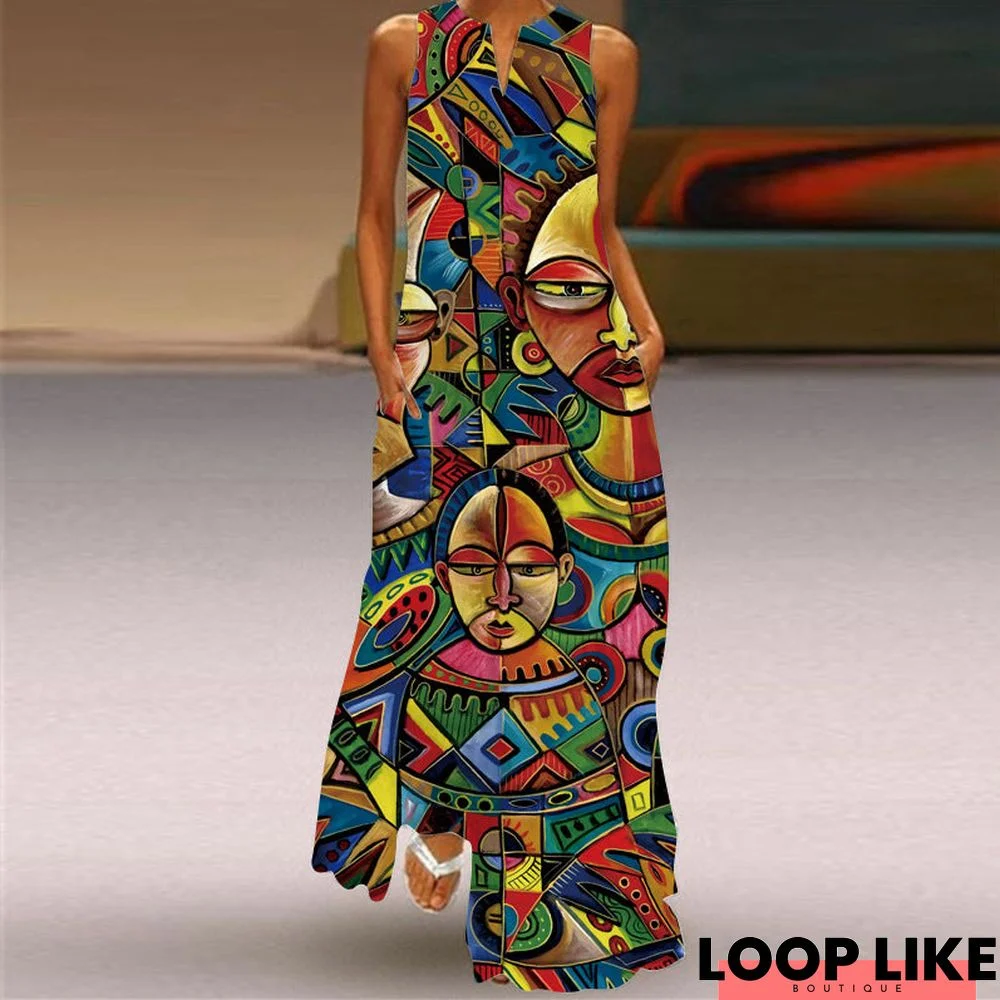 Women's Bohemian Beach V-neck Sleeveless Maxi African Dresses