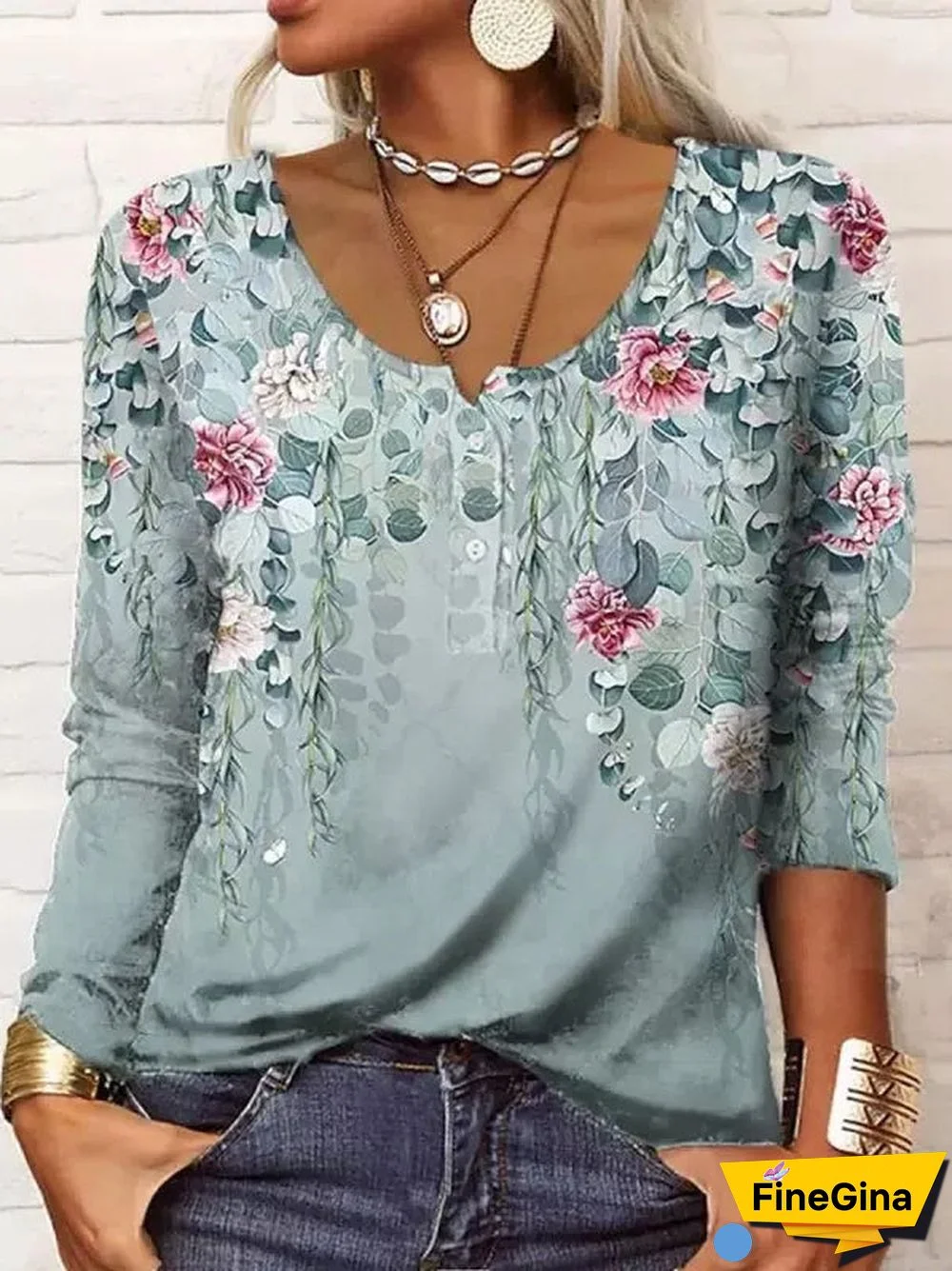 Women's Scoop Neck Long Sleeve Floral Printed Tops