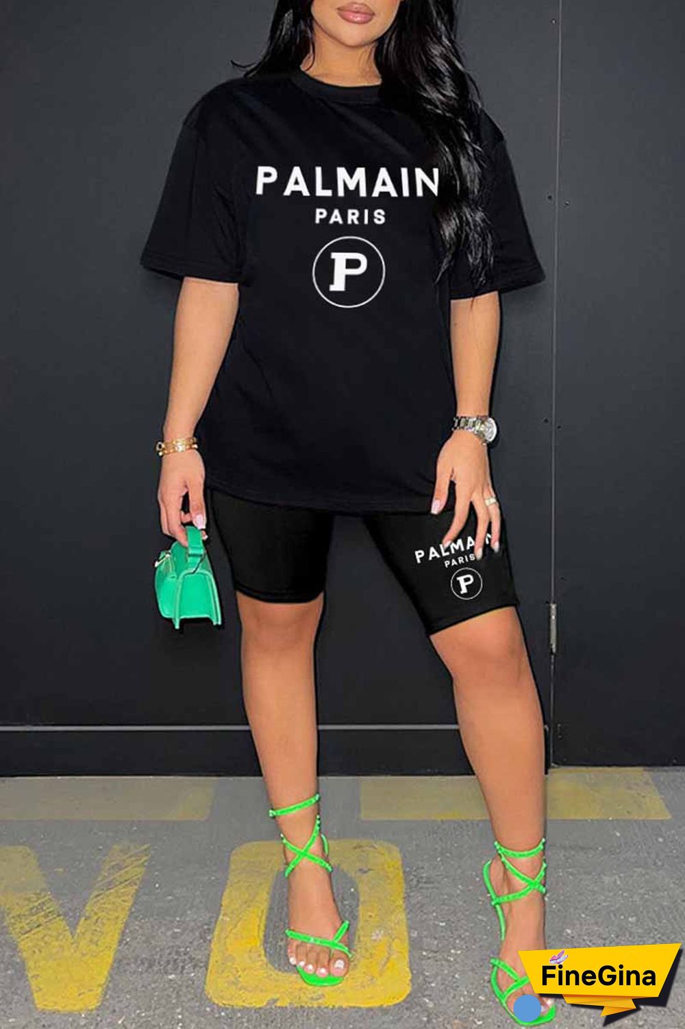 Blue Casual Print Letter O Neck Short Sleeve Two Pieces