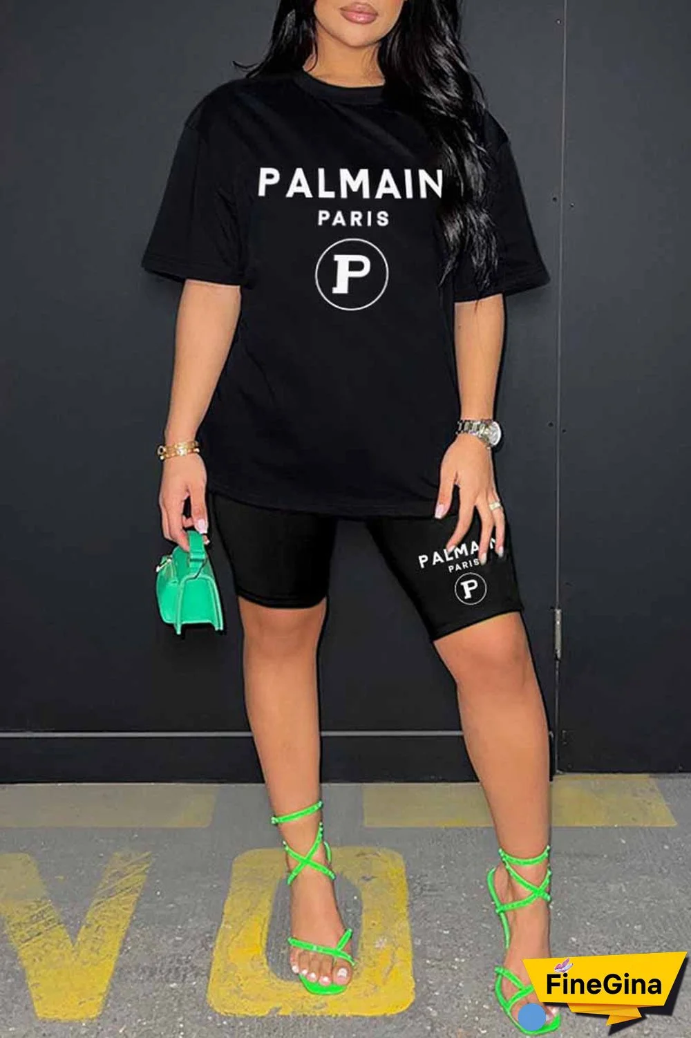 Blue Casual Print Letter O Neck Short Sleeve Two Pieces