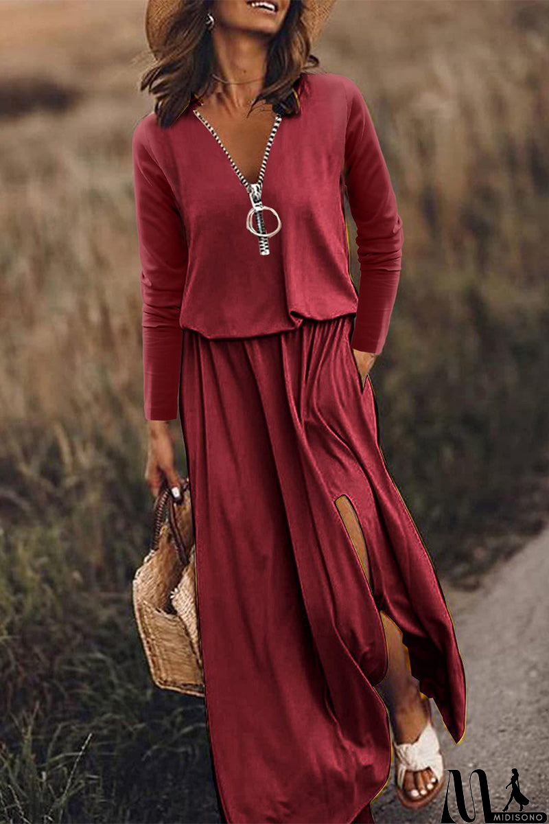 MidiSono - Casual Patchwork Zipper V Neck Irregular Dress Dresses