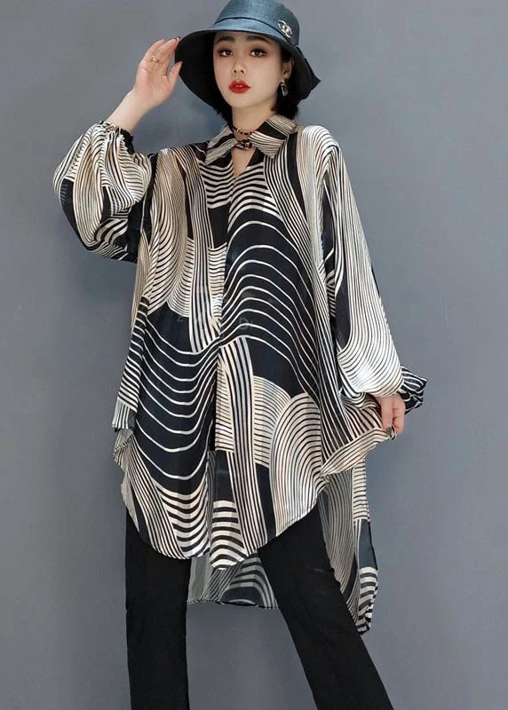 Chic low high black design Striped Chiffon Shirt Blouse