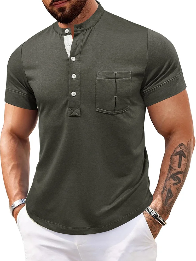 Men's Cotton Casual Solid Color Henley Short Sleeve T-Shirt