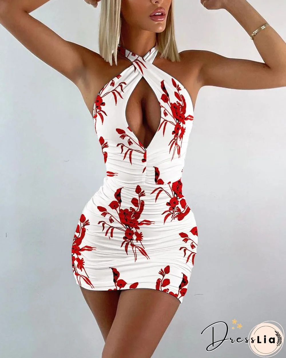 Halter Floral Print Cut-Out Ruched Bodycon Mini Dress