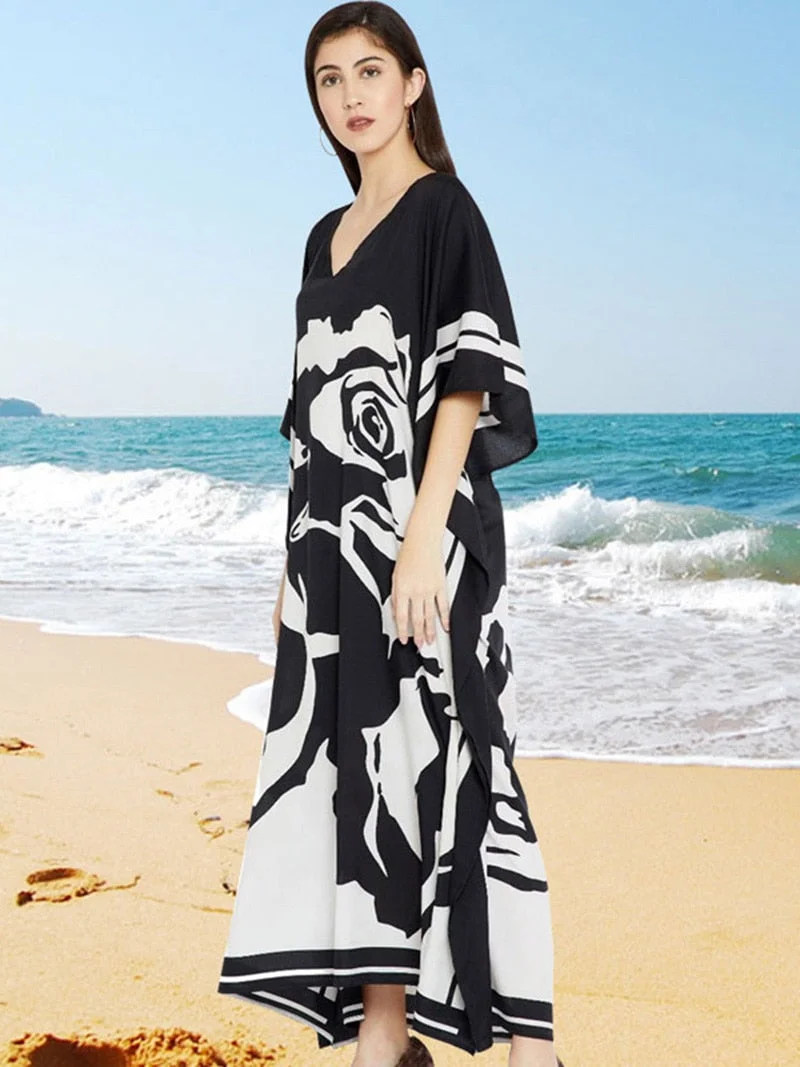Fitshinling Print Floral Holiday Long Dress Beach Wear Oversized Batwing Sleeve Loose Cover-Up Boho V Neck Pareos Women 2020 New
