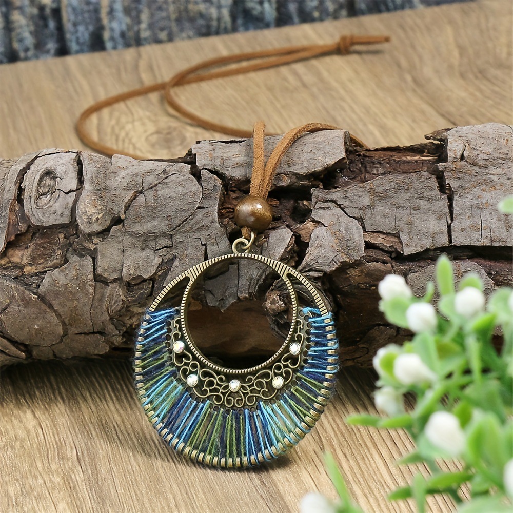 Women's Bohemian Woven Mixed Color Large Circle Pendant Necklace