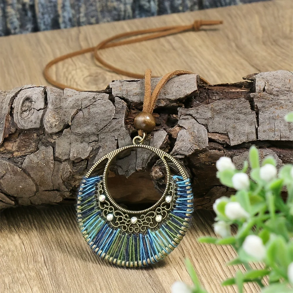 Women's Bohemian Woven Mixed Color Large Circle Pendant Necklace