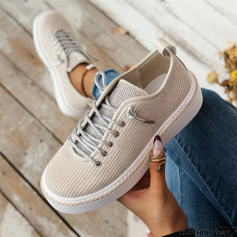 Women's Stylish Thick-Soled Round Toe Lace-Up Rhinestone Casual Shoes