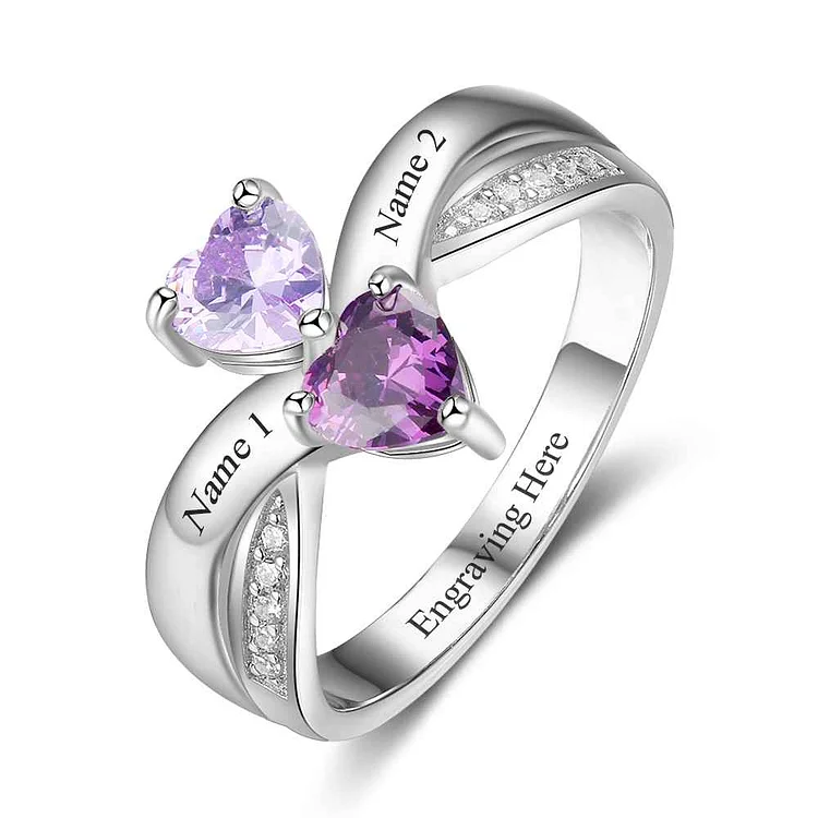 Rival 2 Hearts Birthstone Ring with 2 Stone Engraved 2 Name Mothers Ring