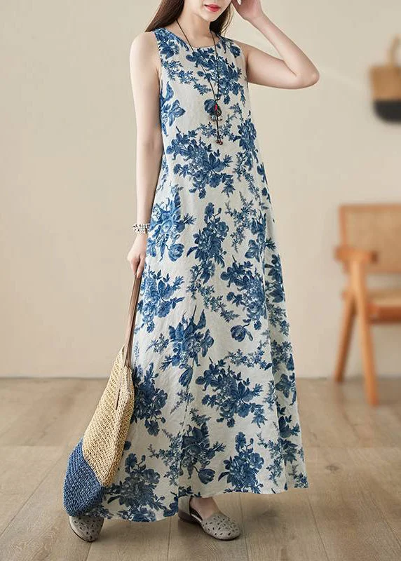 Bohemian Blue O-Neck Print Long Dress Summer