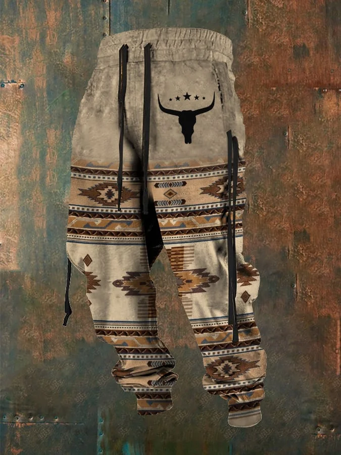 Men's Retro Western Aztec Bull Skull Print Casual Pants
