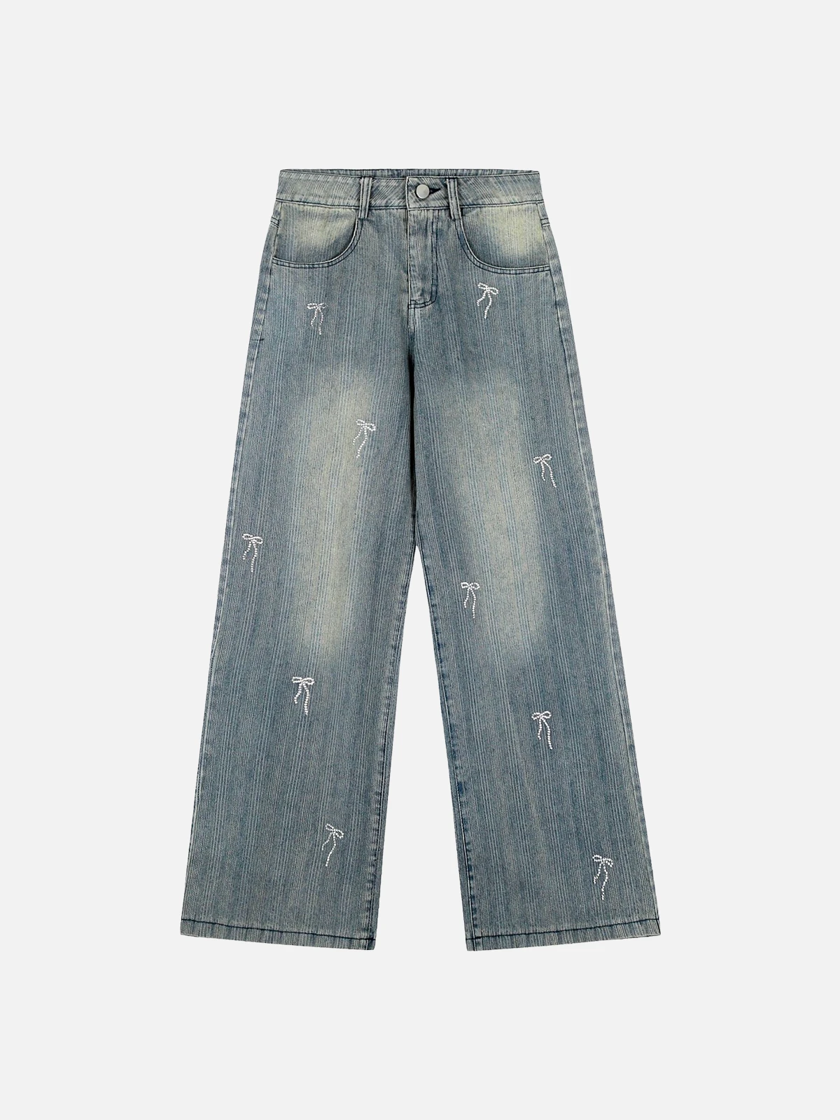 Blue Hotfix Rhinestones Bow Vertical Stripe Jeans Front