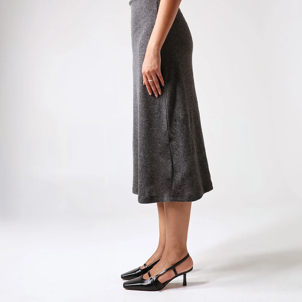 YDN Black Square Toe Buckle Strap Kitten Heel Slingback Pumps