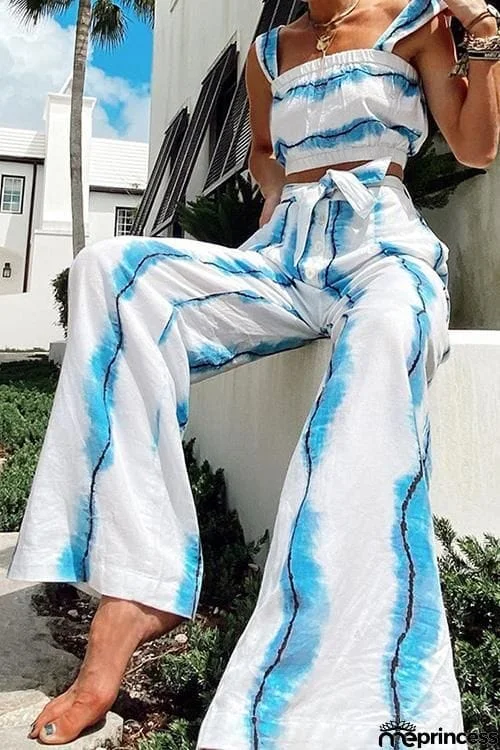 Colorful Stripe Tie Waist Crop Pants Set