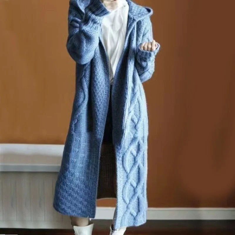 Zoki Cross Women Sweater Long Cardigans Fall Winter New Knitted Jackets Korean Loose Oversized Long Sleeve Casual Hooded Coats