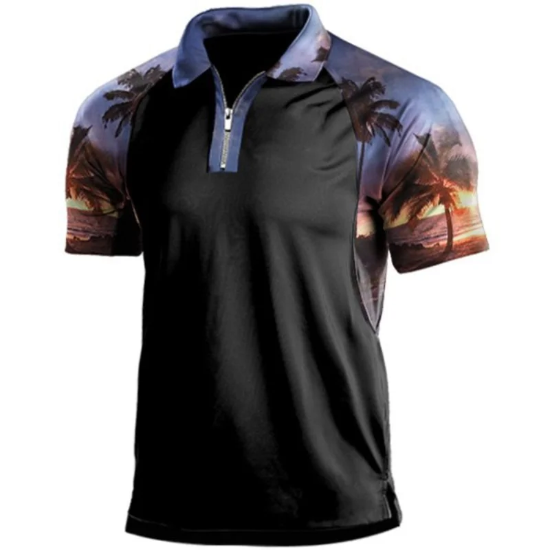 Men's Short Sleeve Tropical Print Causal Polo T-shirt