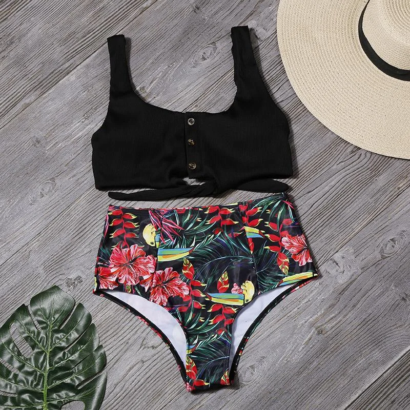 Summer Sexy High Waist Swimsuit Women Skinny Leaf Print Button Two Pieces Bikini Swimwear Female Beach Seaside Holiday Bikinis