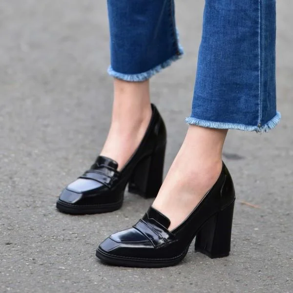  Black Block Heel Square Toe Heeled Loafers for Women