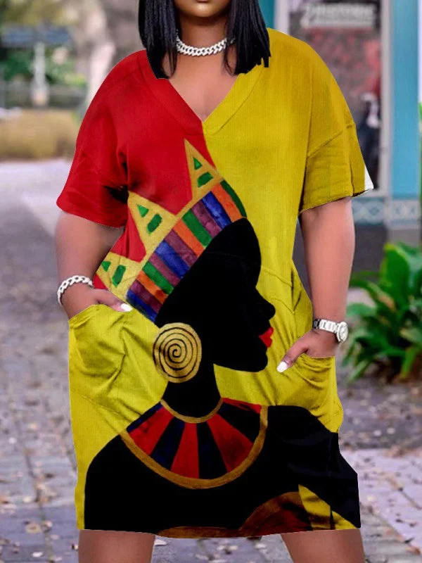 Women's Colorful Plus Size V-neck Mid-sleeve Dress