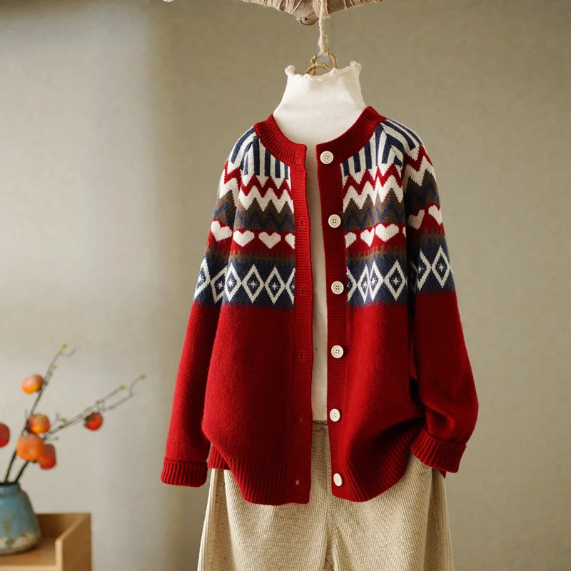 Vintage Geometric Jacquard Round Neck Button Sweater Cardigan