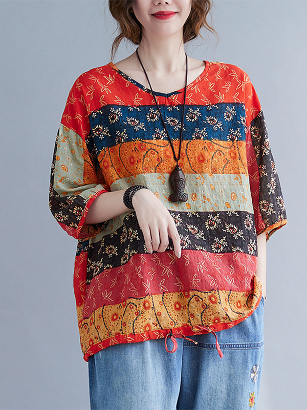 Assorted Pattern Half Sleeve Loose Top