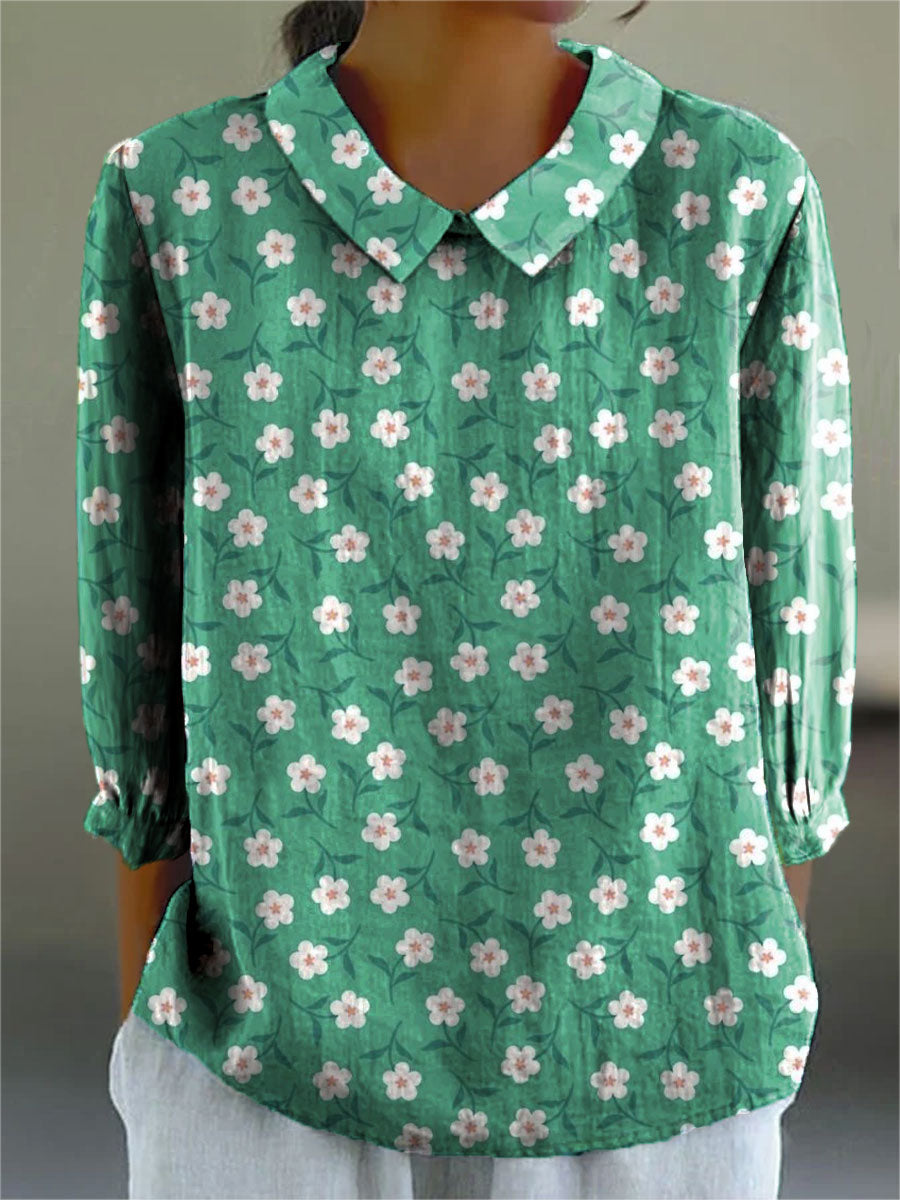 Women's Vintage Floral Art Print Casual Cotton And Linen 3/4 Sleeve Shirt