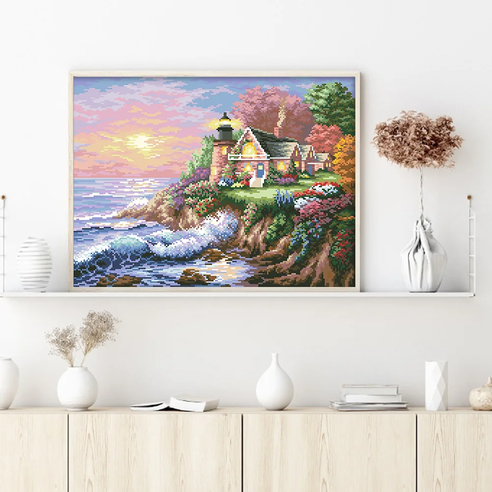 9CT Full Cross Stitch Bead Embroidery - Seaside Garden Lake(Canvas|55*43CM)