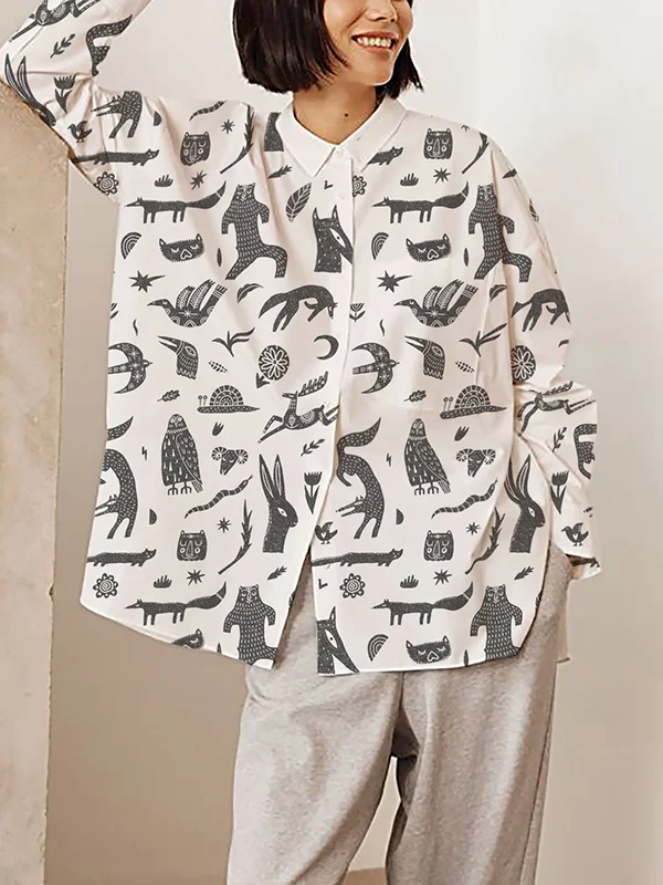 Women's Cute Animal Pattern All Over Print Long Sleeve Button Shirt