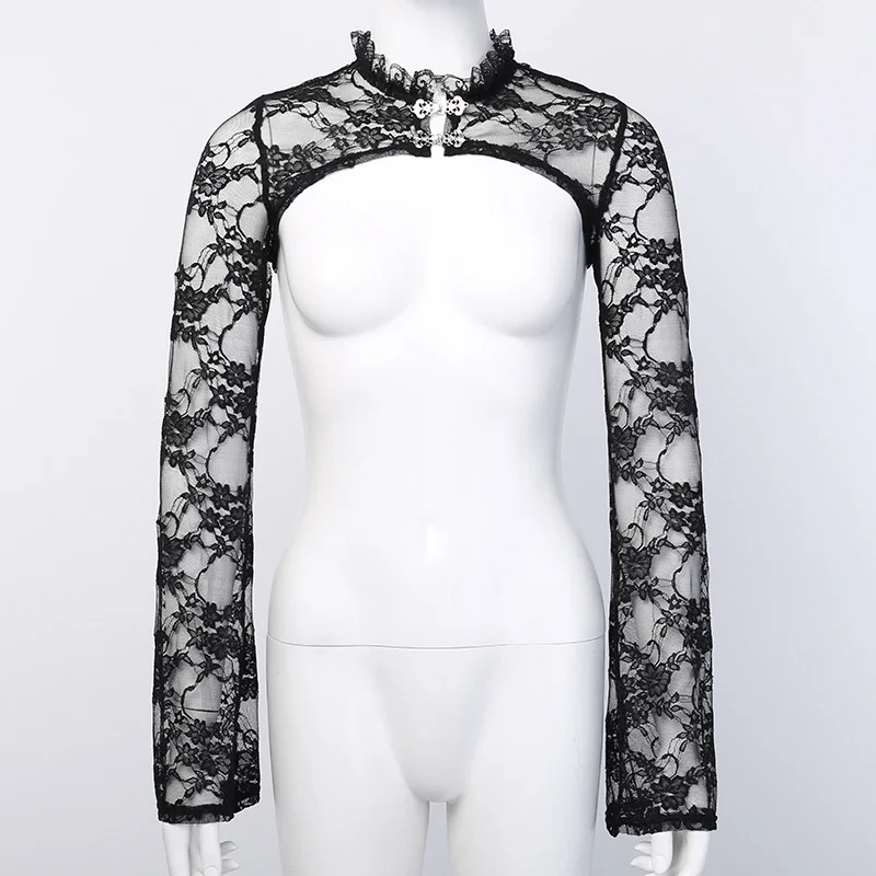 Ueong Temperament Flare Sleeve Blouse With Horn Inside Collar Perspective Of Lace Bottomed Blouse